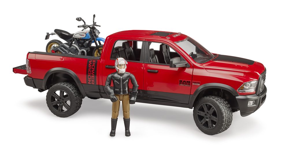RAM 2500 Power Wagon with Scrambler Ducati Desert Sled and driver — Bruder 02502