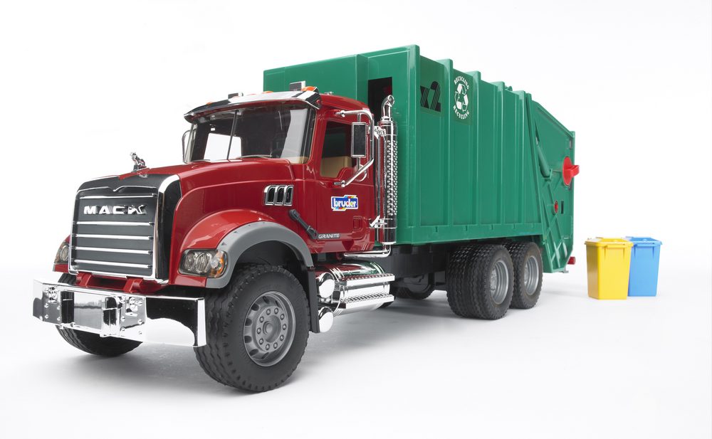 MACK Granite Garbage truck and 2 garbage cans — Bruder 02812
