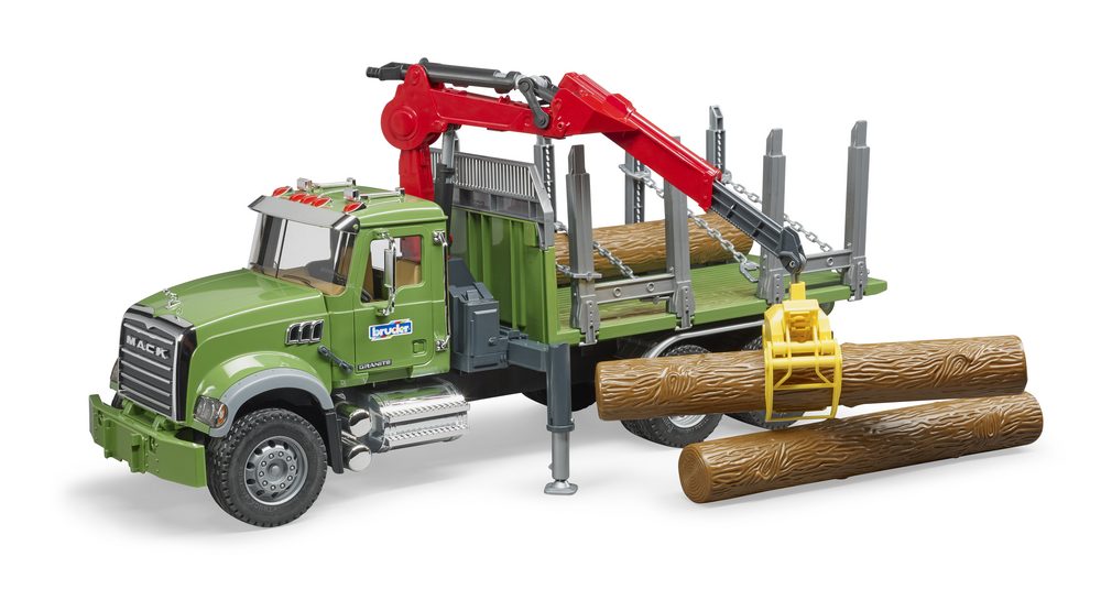 MACK Granite Timber truck with loading crane, grab and 3 trunks — Bruder 02824