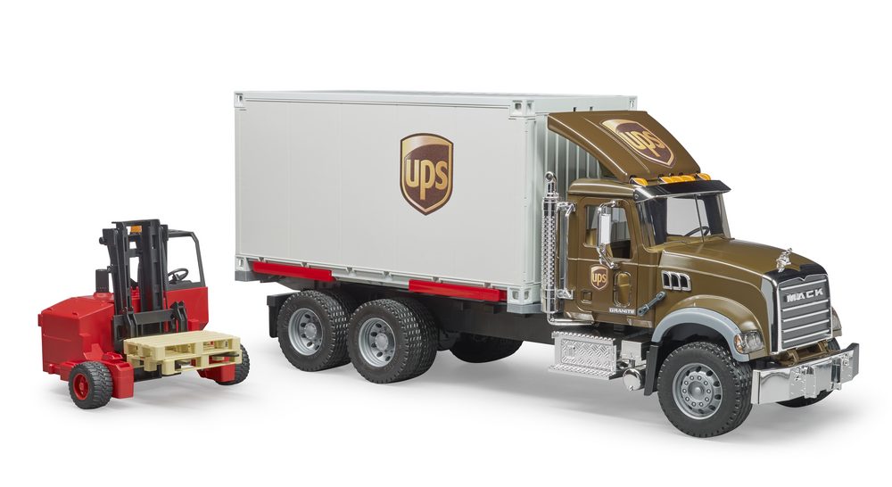 MACK Granite UPS logistics truck with forklift and 2 pallets — Bruder 02828