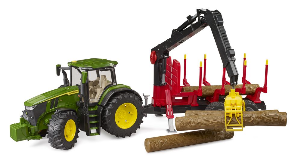 John Deere 7R 350 with forestry trailer and 4 trunks — Bruder 03154
