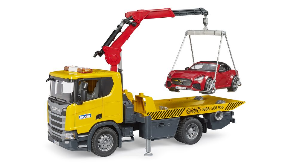 Scania Super 560R Tow truck with Light & Sound Module and BRUDER Roadster — Bruder 03552