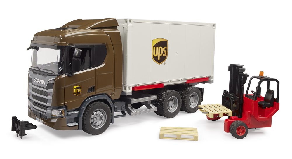Scania Super 560R UPS Logistics truck with forklift and 2 pallets — Bruder 03582