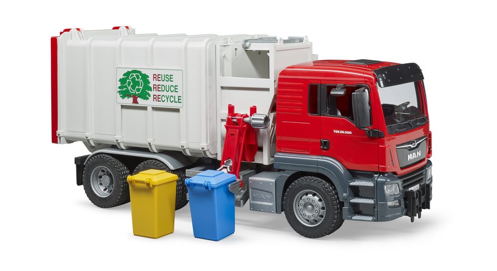 MAN TGS Side loading garbage truck and 2 garbage cans — Bruder 03761