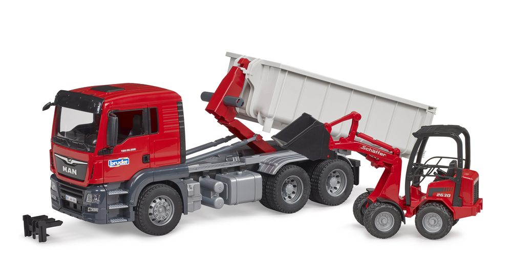 MAN TGS truck with roll-off container and Schäffer yard loader — Bruder 03767
