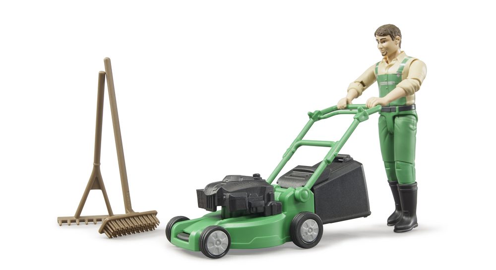 bworld gardener with lawnmower and equipment — Bruder 62103
