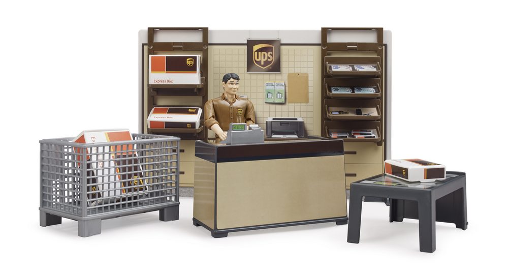 bworld UPS parcel shop with figure — Bruder 62250